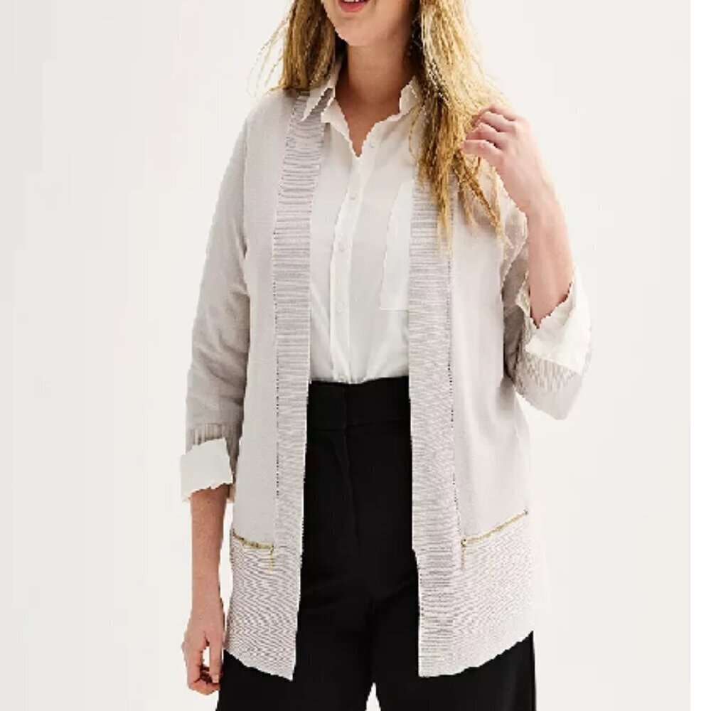 Like New Magaschoni 3/4-Length Sleeve Zipper Detail Open Front‎ Cardigan Size M